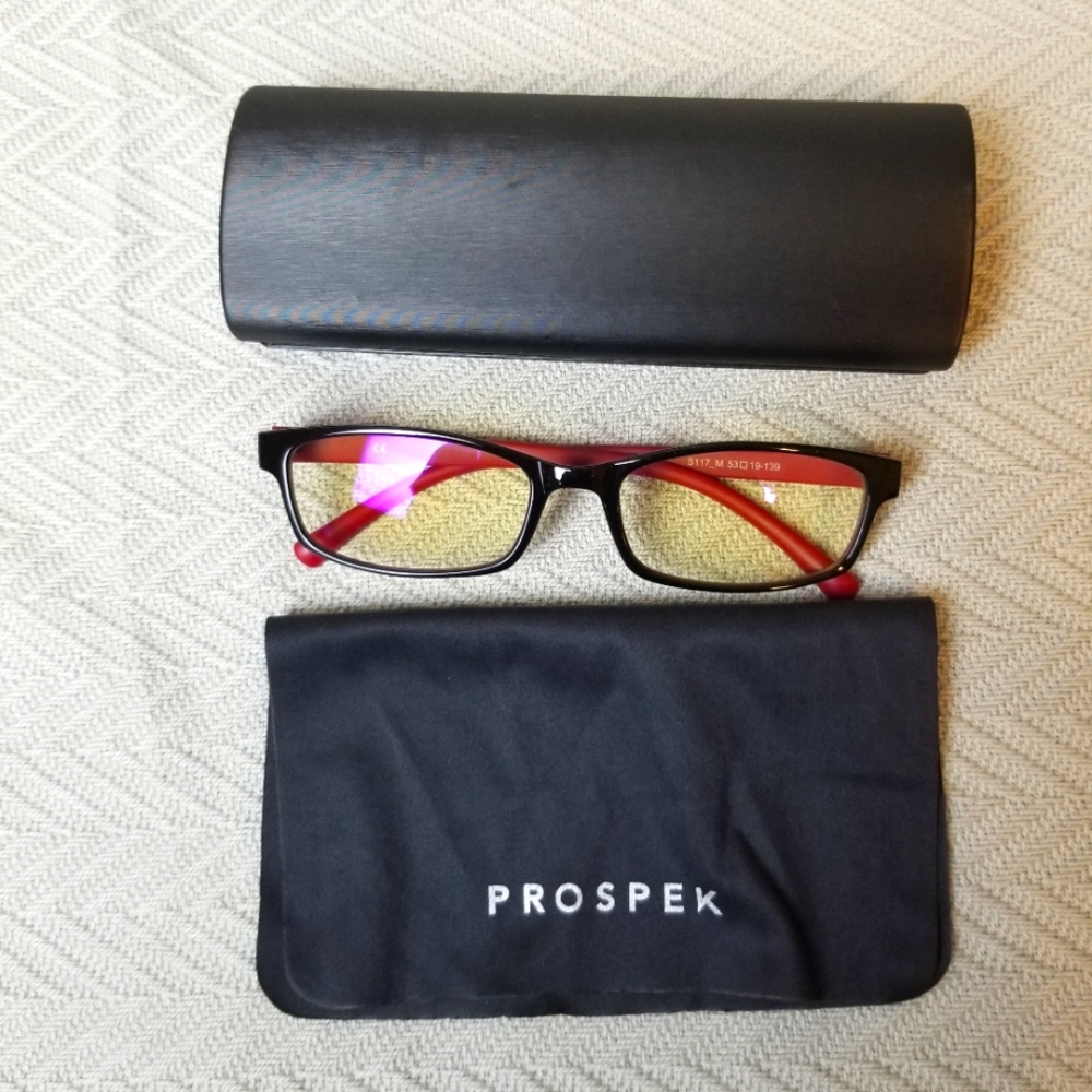 Prospek S117 Anti-Blue Light Red/Black Frame Glasses W/Case cleaning cloth NWOT